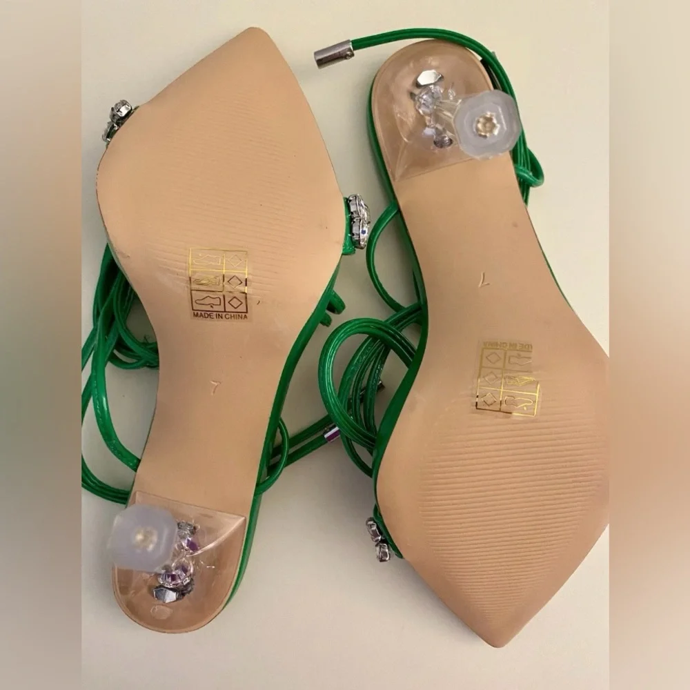 vivianly Strappy Stiletto Clear High Heels Rhinestone Woman's Size: 7  Green - Picture 4 of 9